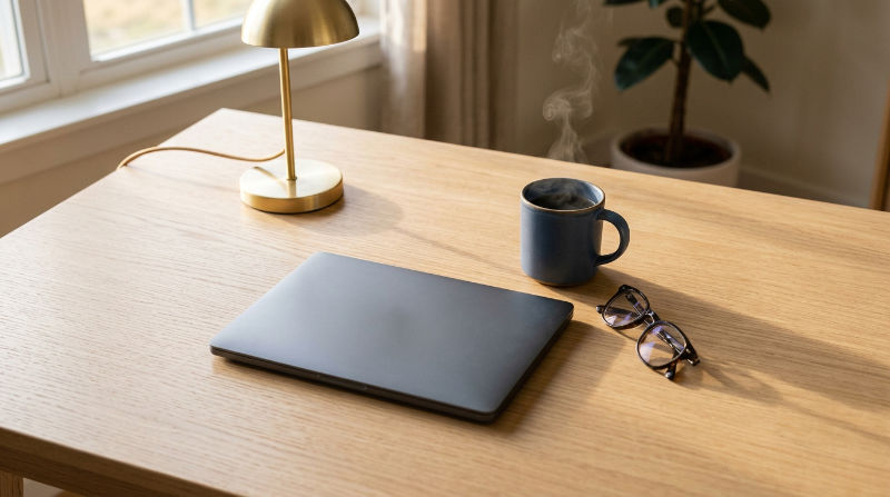 A clean and modern desk with a single laptop, glasses, and steaming cup of coffee