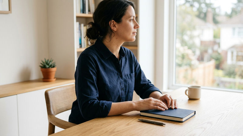 A woman sitting at a desk with a notebook and looking off to the side