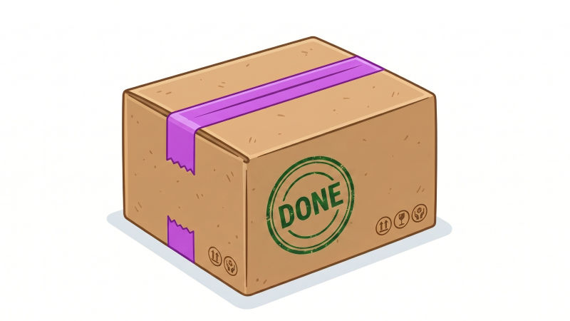 A package on a white surface with a done stamp