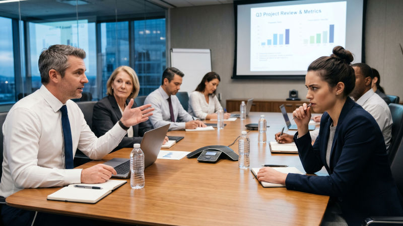 A business meeting with a graph presentation