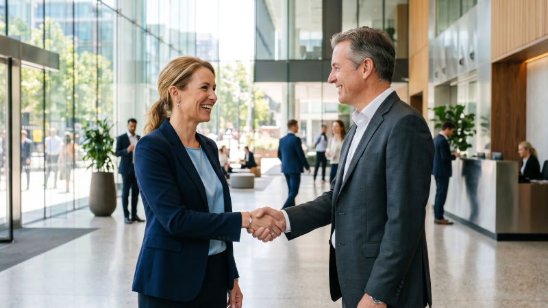 Two business people shaking hands in a lobby