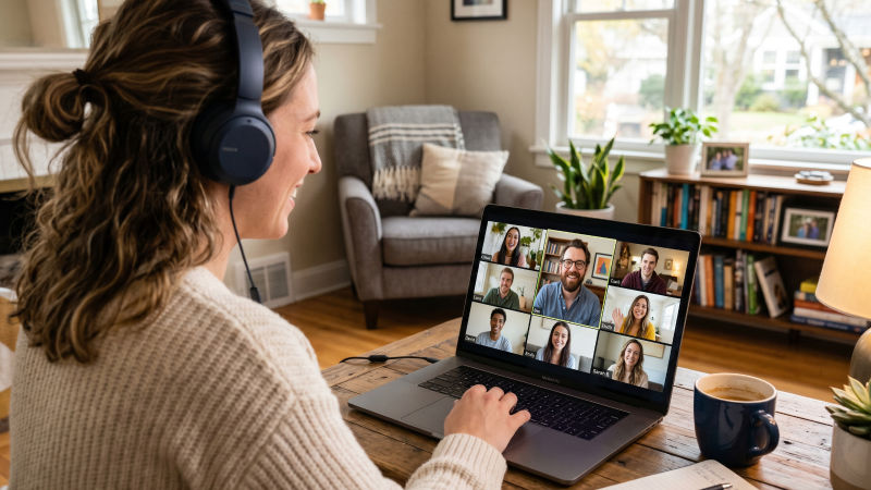 A woman in her living room on a conference call with friendly people