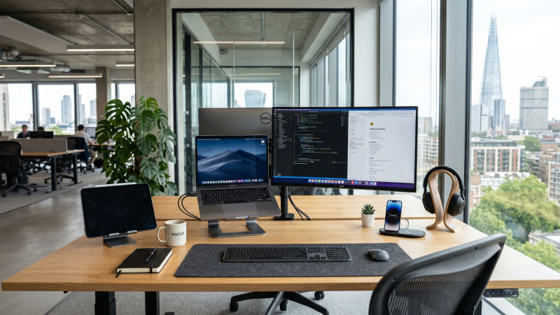 A clean computer setup at a standing desk with natural lighting