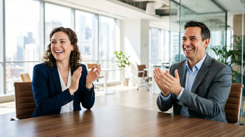 Two business persons clapping in celebration at a conference table