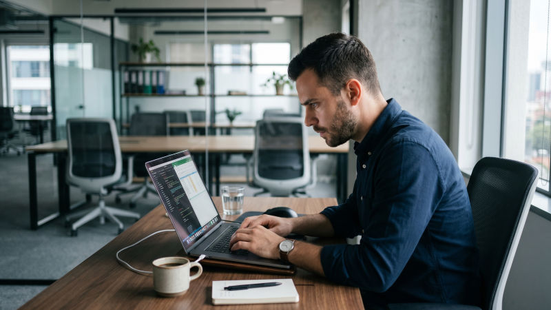 A man leaning into his laptop in concentration in a modern office