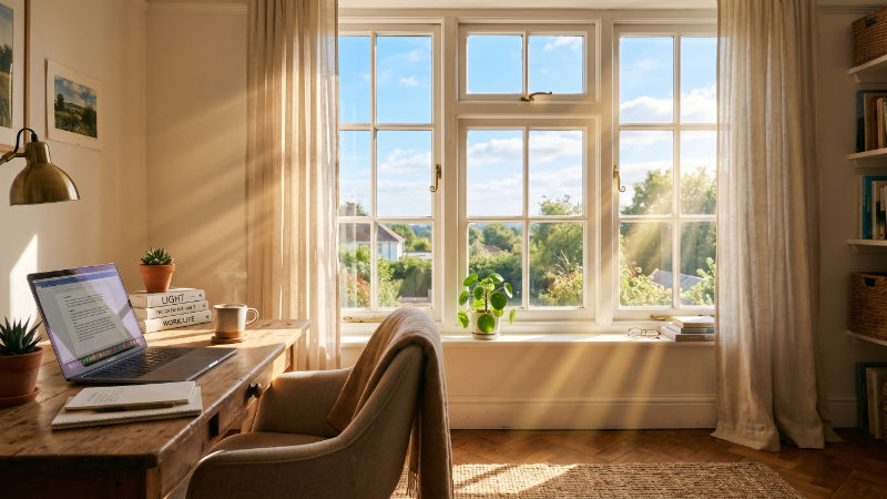 A bright home office with sunlight streaming in creating a cozy environment
