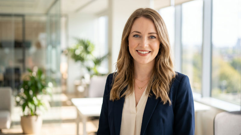 Professional portrait of a young business woman in a bright office