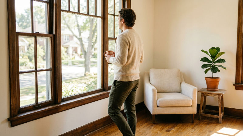 A relaxed operator working from a sunlit room, no urgency in the posture